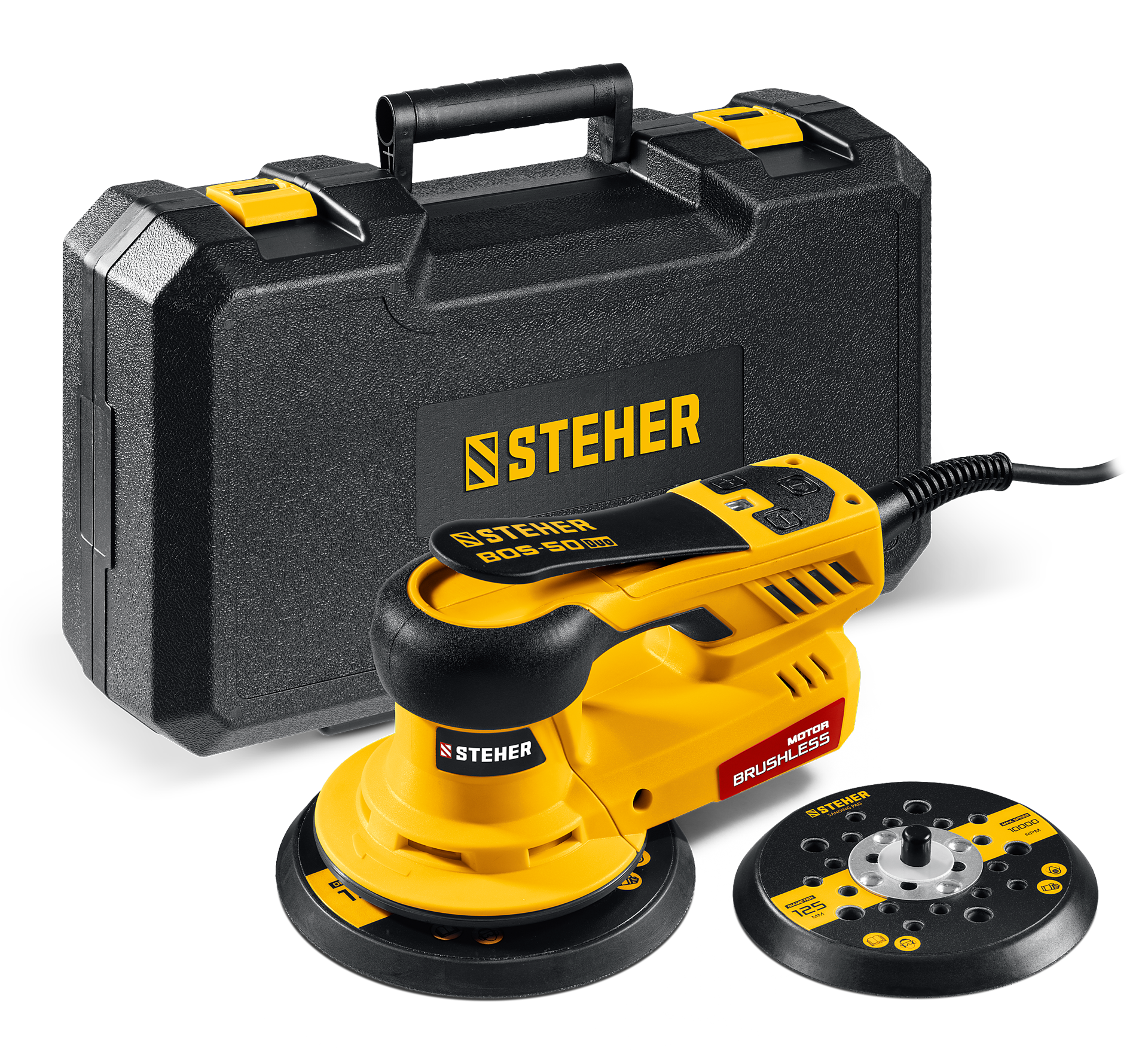 Орбитально-шлифовальная машина бесщеточная BOS-50 Duo, d125 / d150 мм, 5.0 мм, 350 Вт,кейс STEHER  Орбитально-шлифовальная машина бесщеточная BOS-50 Duo, d125 / d150 мм, 5.0 мм, 350 Вт,кейс STEHER