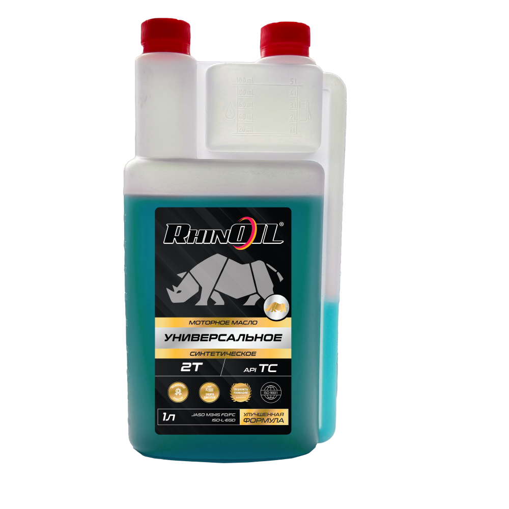 Масло моторное синтетическое RHINOIL УНИВЕРСАЛЬНОЕ с дозатором для любых двухтактных двигателей 2Т API TC, JASO M345 FD/FC, ISO-L-EGD 1л
