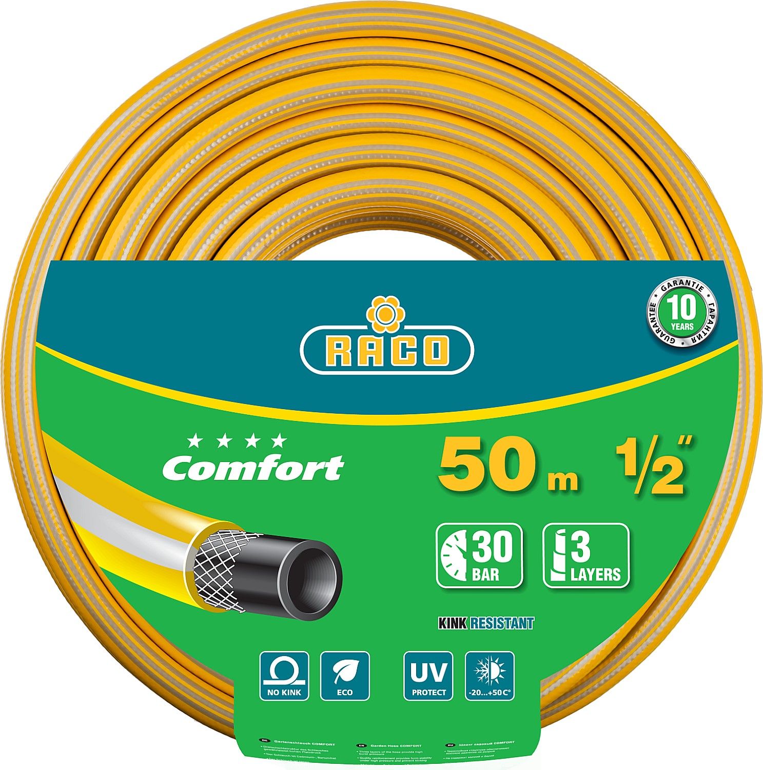 Шланг поливочный, армированный, 3-х слойный, 30 атм.,1/2"х50м RACO COMFORT Шланг поливочный, армированный, 3-х слойный, 30 атм.,1/2"х50м RACO COMFORT