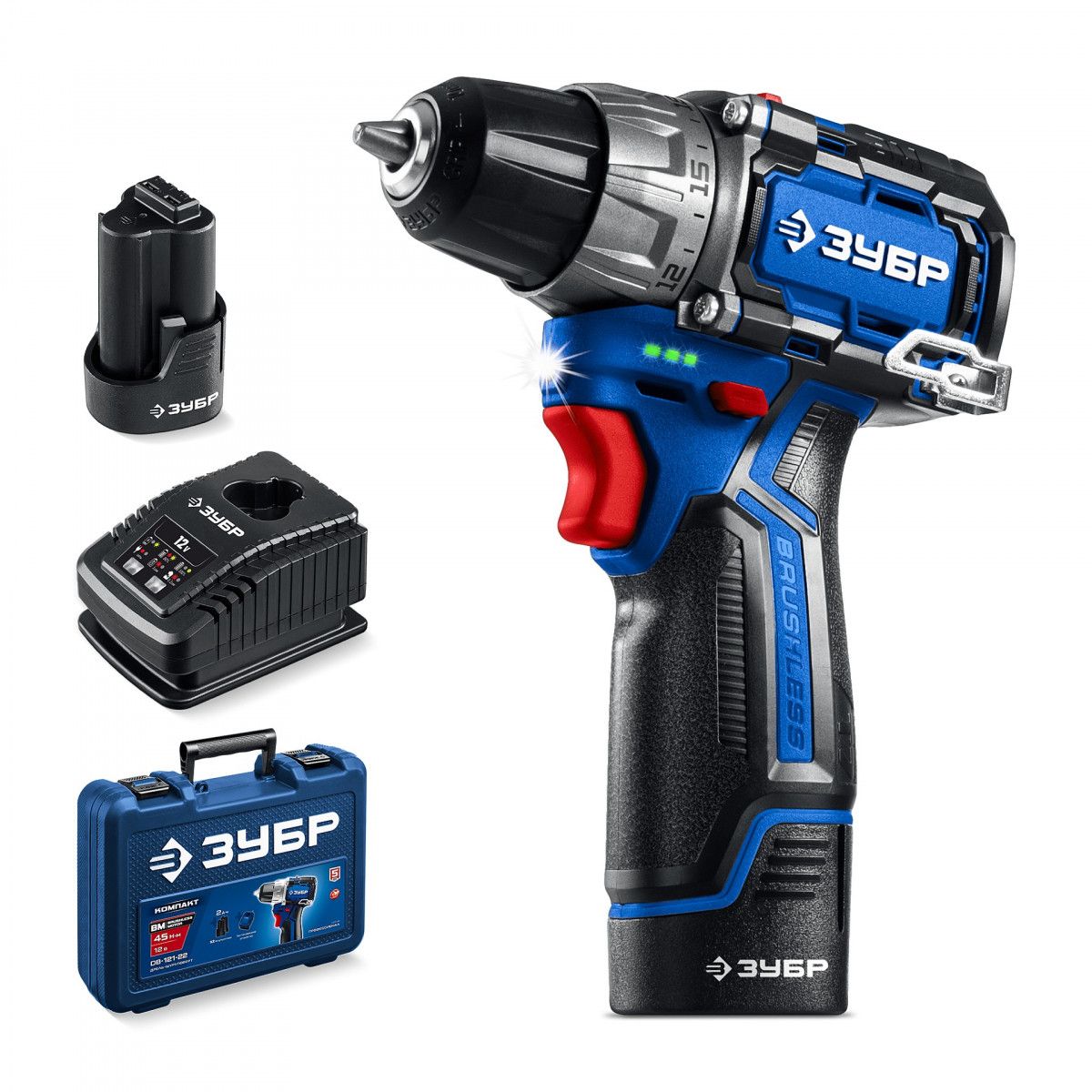 Дрель-шуруповерт КОМПАКТ #3, 12 В, 45 Н·м, 2 АКБ тип Т7 (2 А·ч), BRUSHLESS, кейс, ЗУБР Профессионал