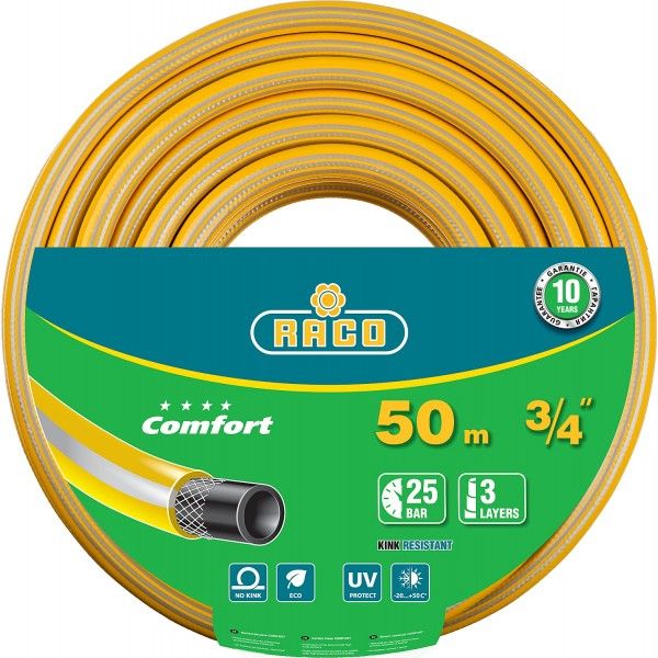 Шланг поливочный, армированный, 3-х слойный, 25 атм., 3/4"х50м RACO COMFORT  Шланг поливочный, армированный, 3-х слойный, 25 атм., 3/4"х50м RACO COMFORT