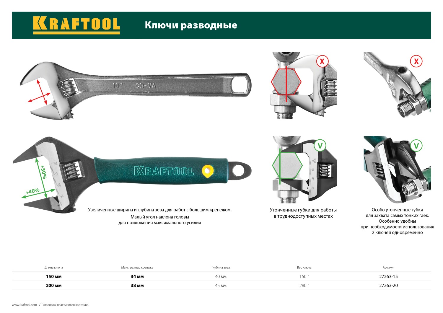 Ключ разводной SlimWide-S, 150 / 34 мм, KRAFTOOL