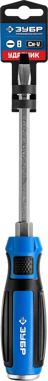 Отвертка ударная, сквозной Cr-V стержень, SL8 x 150 мм, усилитель под ключ, магнитный наконечник, двухкомп. рукоятка, ЗУБР Профессионал, "УДАРНИК"